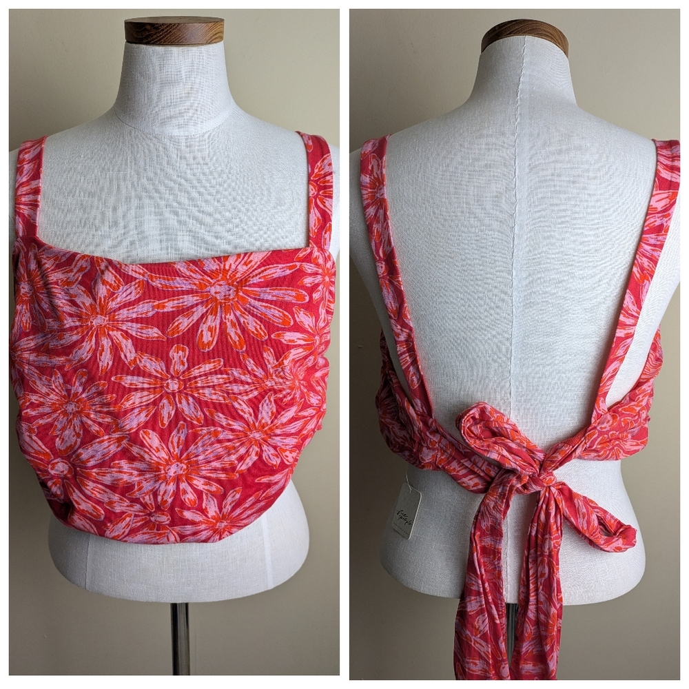 NWT Free People red floral all tied up backless festival crop tank top